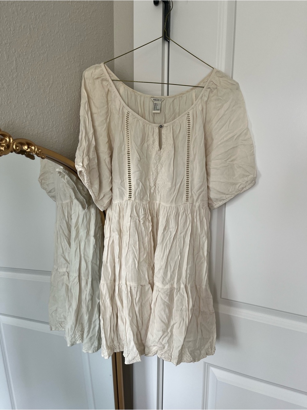 Boho Cream Peasant Dress with Puff Sleeves
